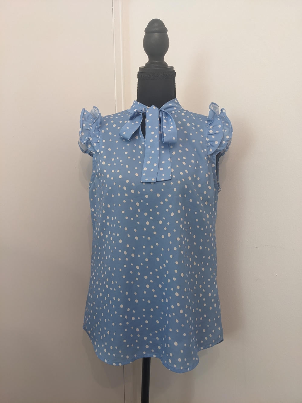 Light Blue Polka Dot Blouse with Tie-Neck and Double Ruffle Sleeves